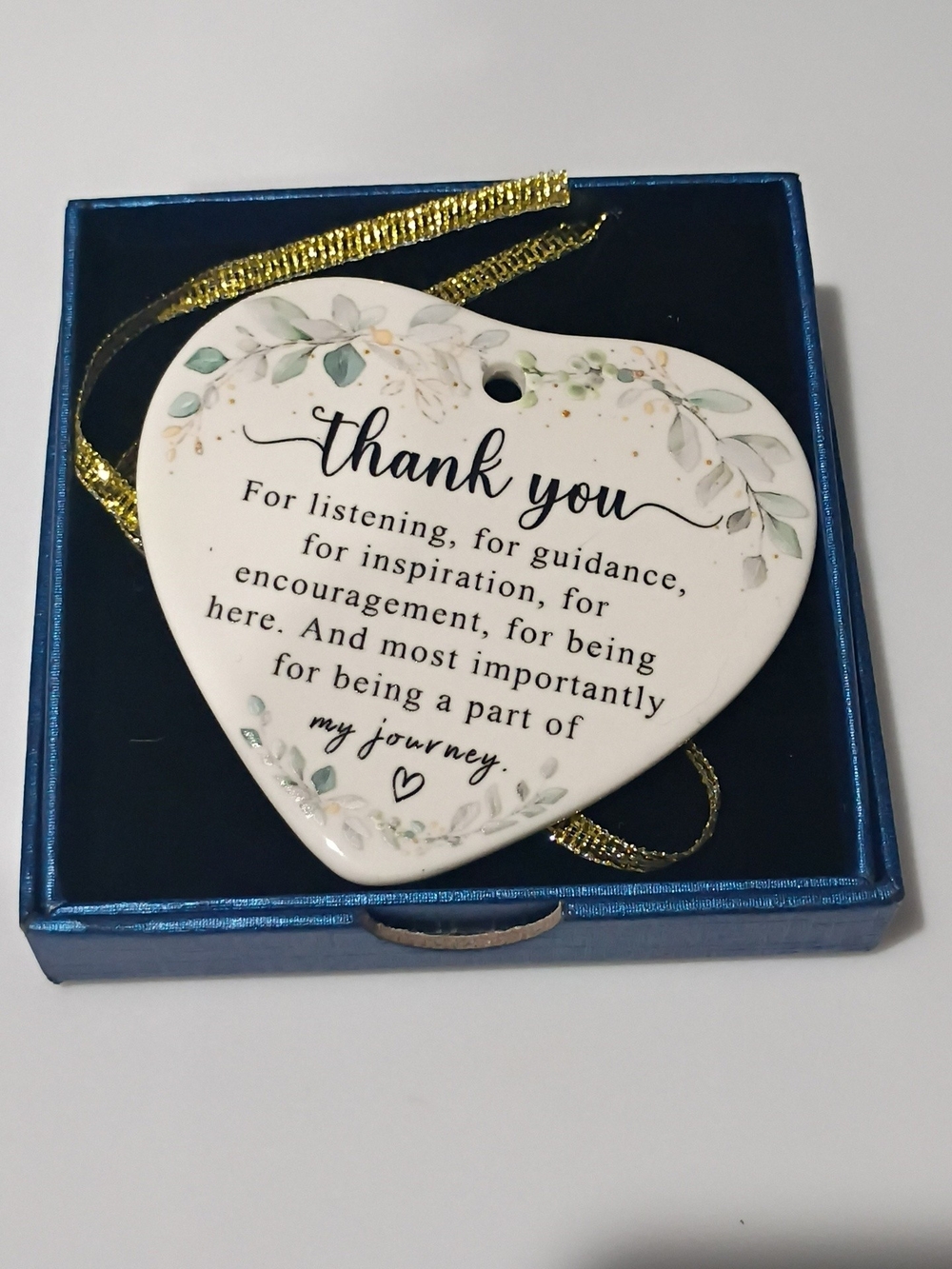 Heart Thank You Ornament - White with Green Floral Accents